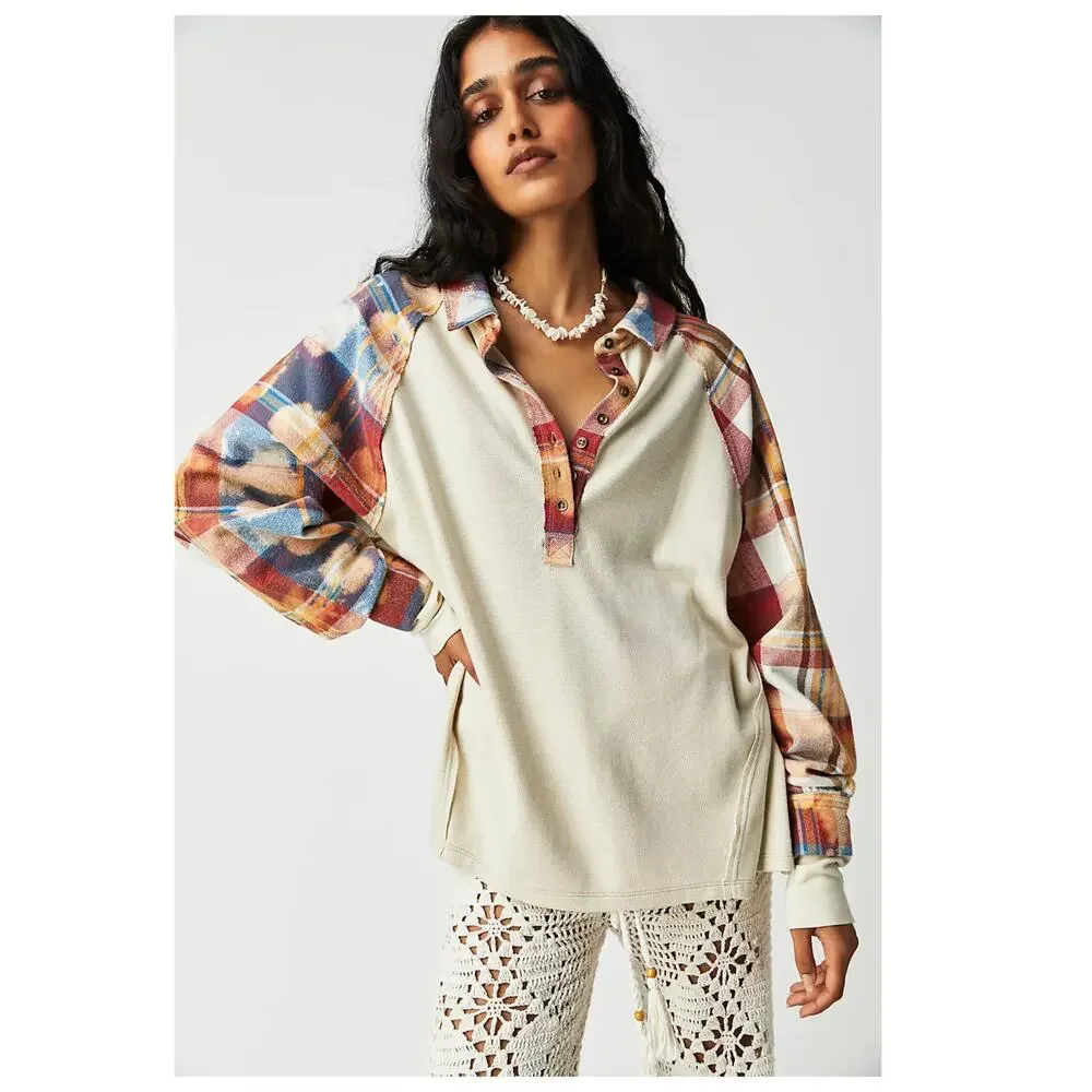 NEW FREE PEOPLE Isabelle Plaid Trim Thermal Henley In Mink Combo Size Large
